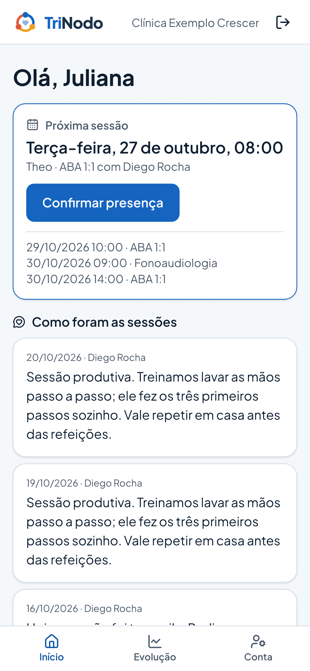 App da família no celular com a próxima sessão e os resumos